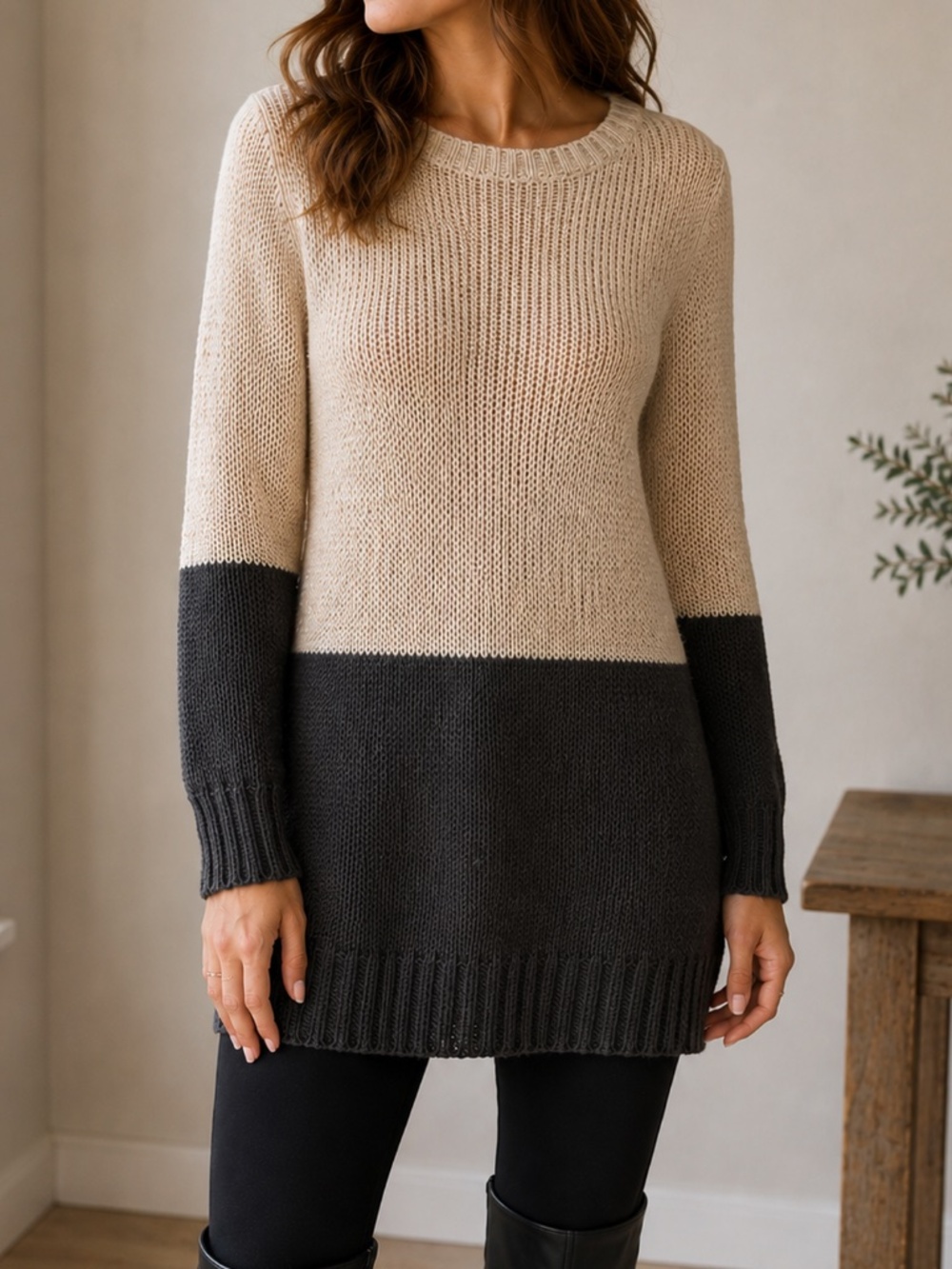 100% Cotton Tunic Sweater Cream Black Colorblock French Connection XS